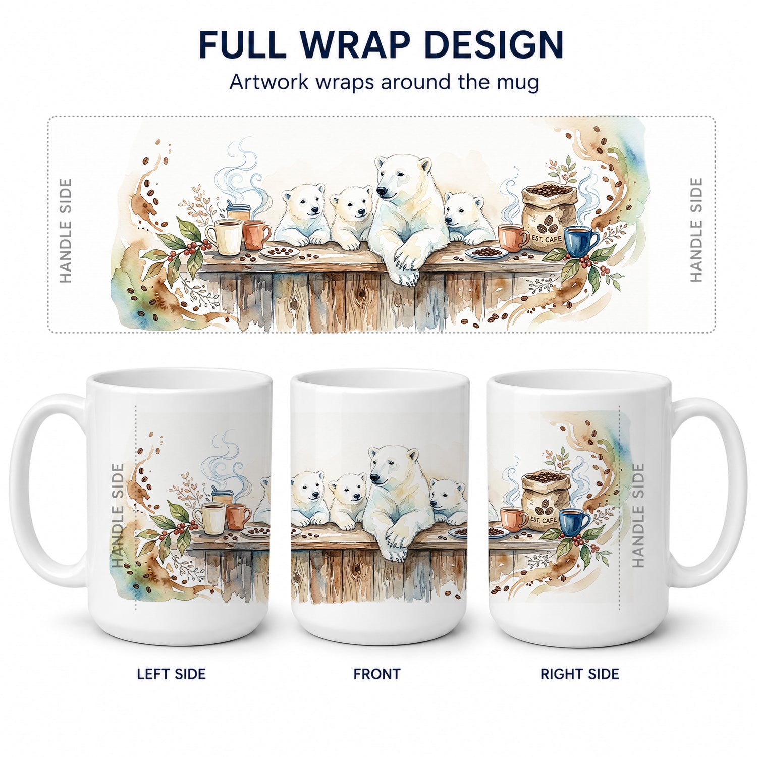 Polar Bears Morning Coffee Ceramic Coffee Mug 15 oz Decorative Large C Handle Mug Cup for Tea, Cocoa Hot Chocolate