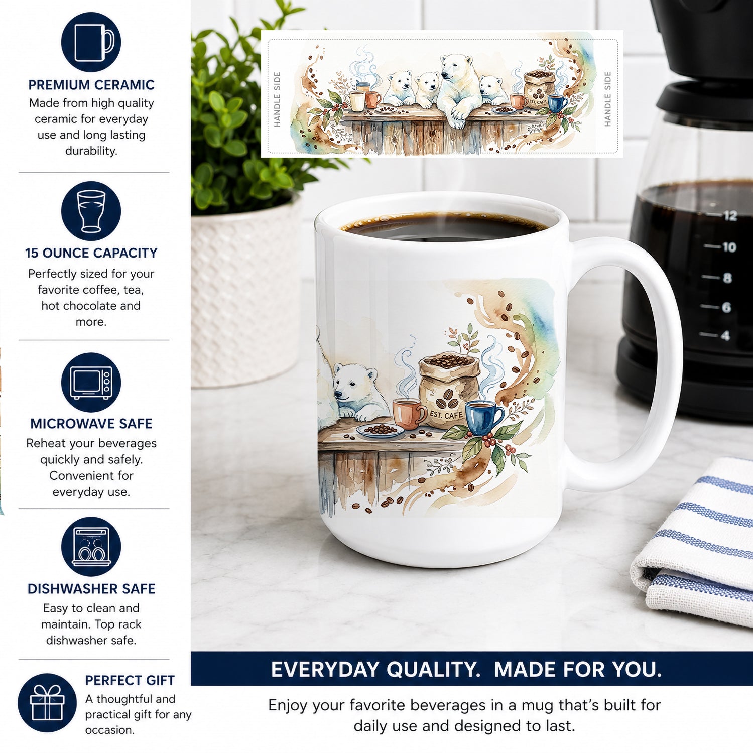Polar Bears Morning Coffee Ceramic Coffee Mug 15 oz Decorative Large C Handle Mug Cup for Tea, Cocoa Hot Chocolate
