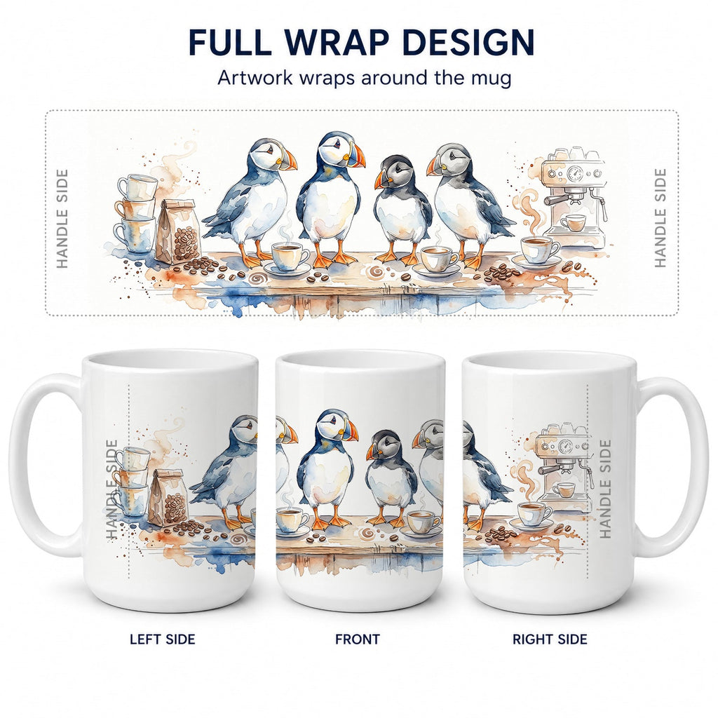 Puffins Morning Coffee Ceramic Coffee Mug 15 oz Decorative Large C Handle Mug Cup for Tea, Cocoa Hot Chocolate