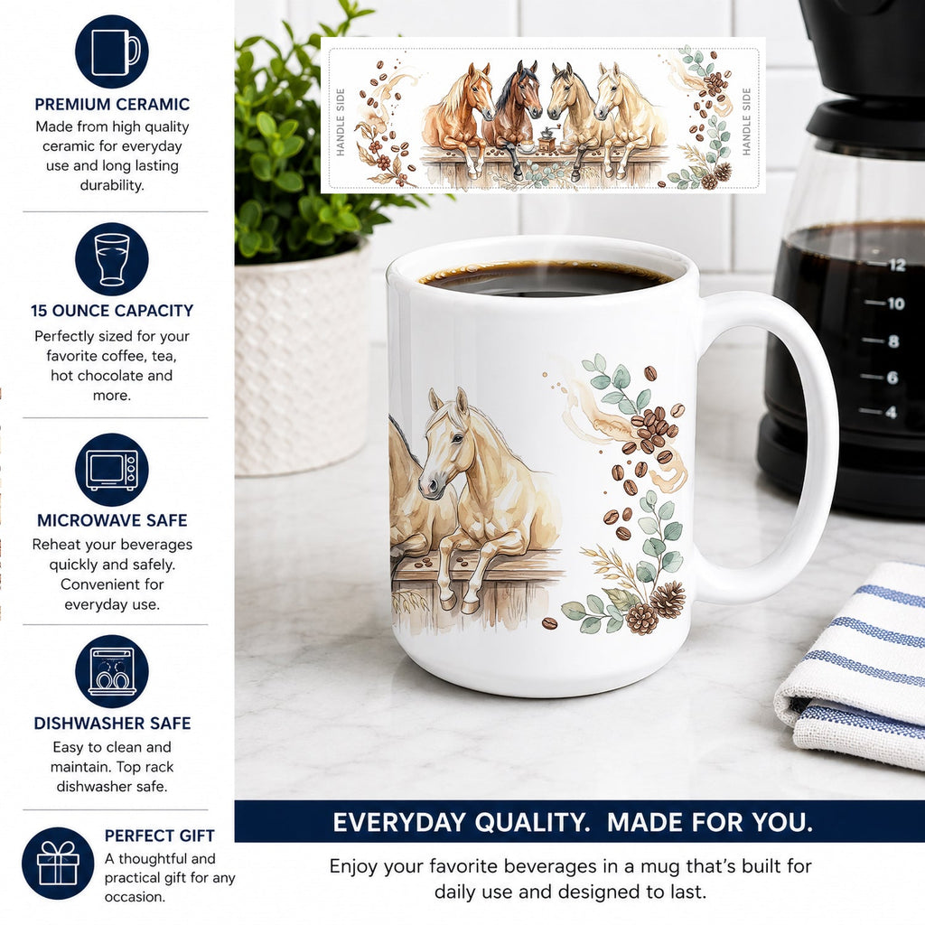 Quarter Horses Morning Coffee Ceramic Coffee Mug 15 oz Decorative Large C Handle Mug Cup for Tea, Cocoa Hot Chocolate