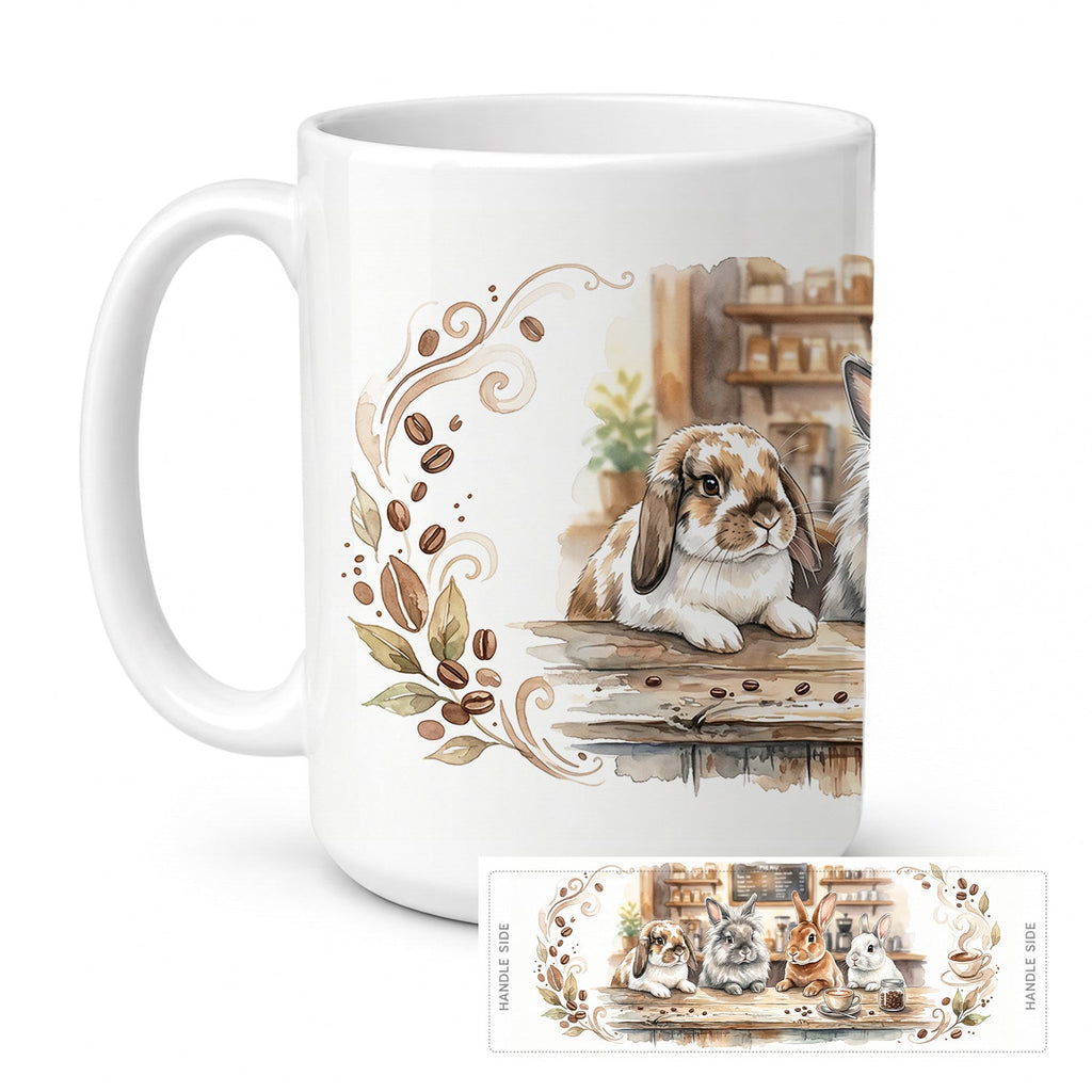 Rabbits Morning Coffee Ceramic Coffee Mug 15 oz Decorative Large C Handle Mug Cup for Tea, Cocoa Hot Chocolate