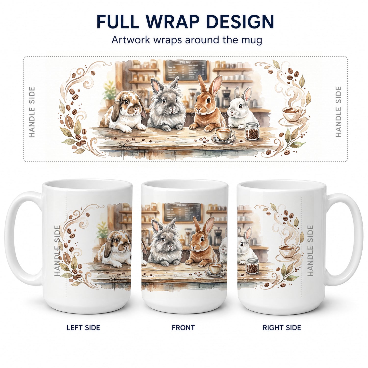 Rabbits Morning Coffee Ceramic Coffee Mug 15 oz Decorative Large C Handle Mug Cup for Tea, Cocoa Hot Chocolate