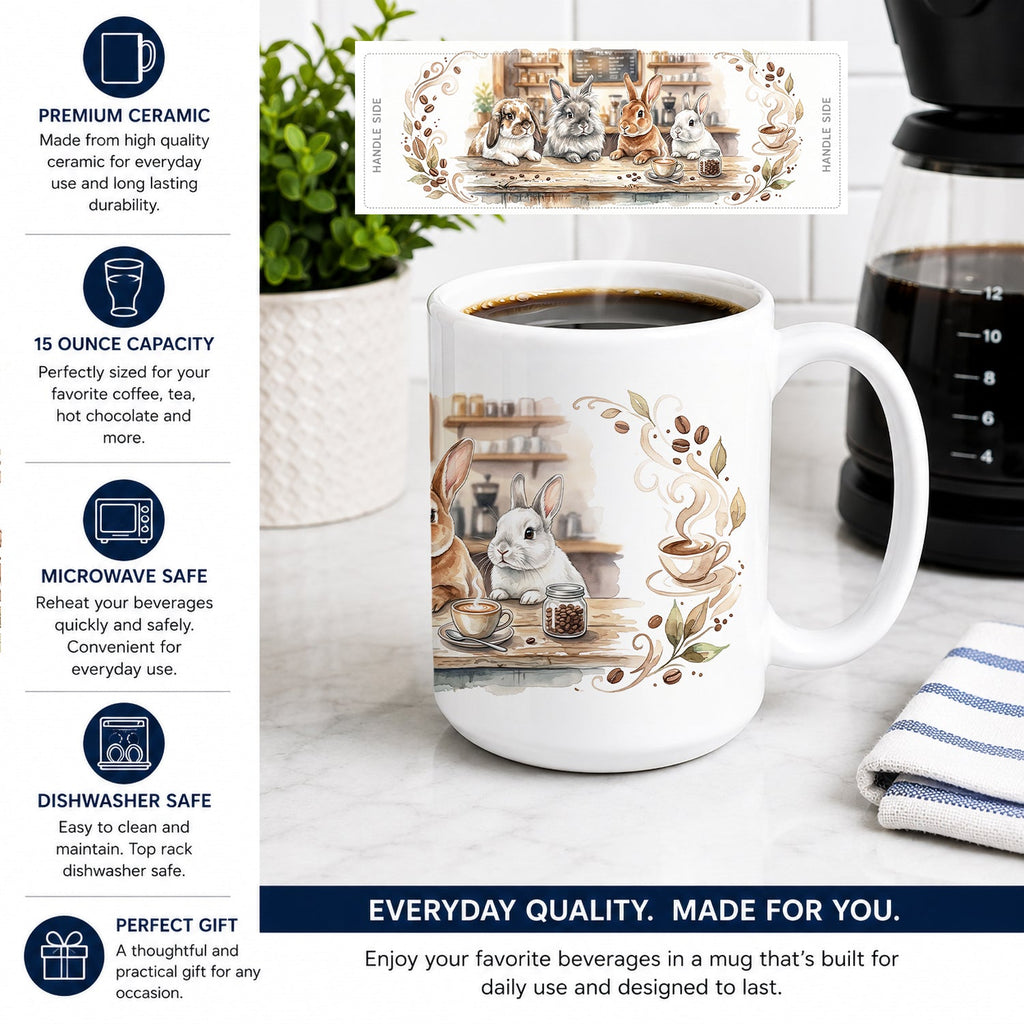 Rabbits Morning Coffee Ceramic Coffee Mug 15 oz Decorative Large C Handle Mug Cup for Tea, Cocoa Hot Chocolate