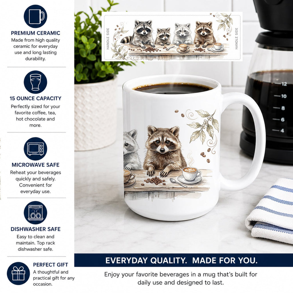 Raccoons Morning Coffee Ceramic Coffee Mug 15 oz Decorative Large C Handle Mug Cup for Tea, Cocoa Hot Chocolate