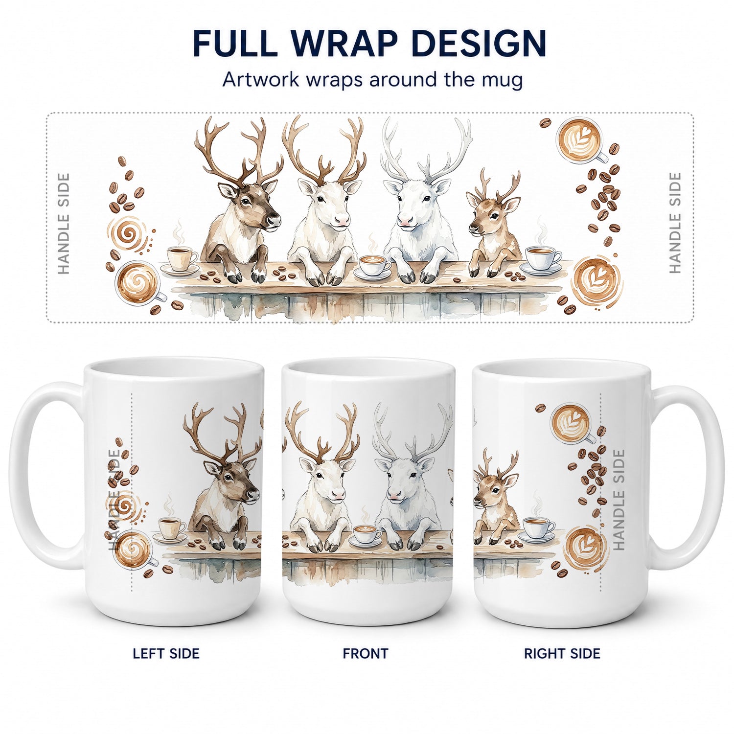 Reindeer Morning Coffee Ceramic Coffee Mug 15 oz Decorative Large C Handle Mug Cup for Tea, Cocoa Hot Chocolate