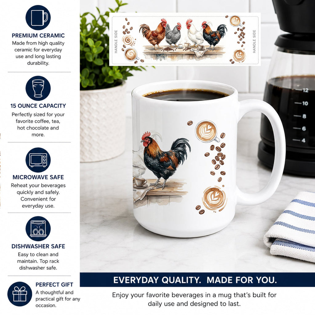 Roosters Morning Coffee Ceramic Coffee Mug 15 oz Decorative Large C Handle Mug Cup for Tea, Cocoa Hot Chocolate