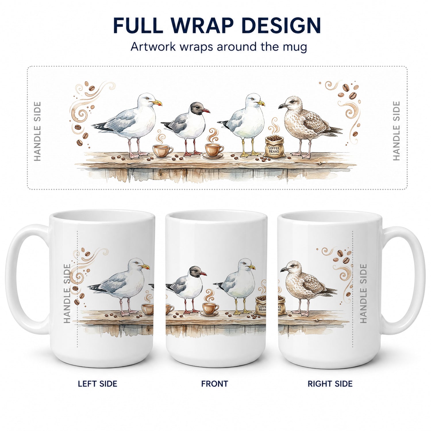 Seagulls Morning Coffee Ceramic Coffee Mug 15 oz Decorative Large C Handle Mug Cup for Tea, Cocoa Hot Chocolate