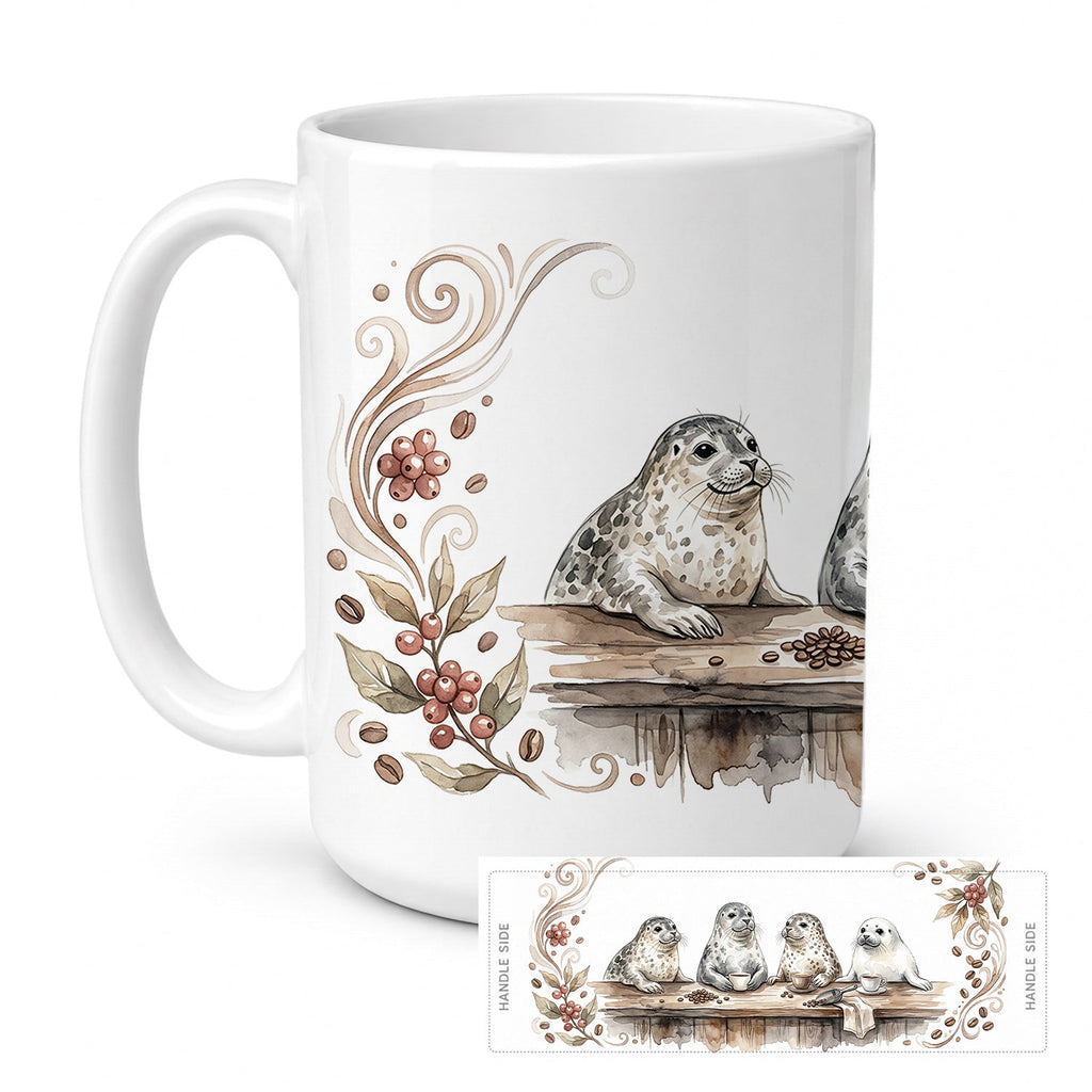 Seals Morning Coffee Ceramic Coffee Mug 15 oz Decorative Large C Handle Mug Cup for Tea, Cocoa Hot Chocolate