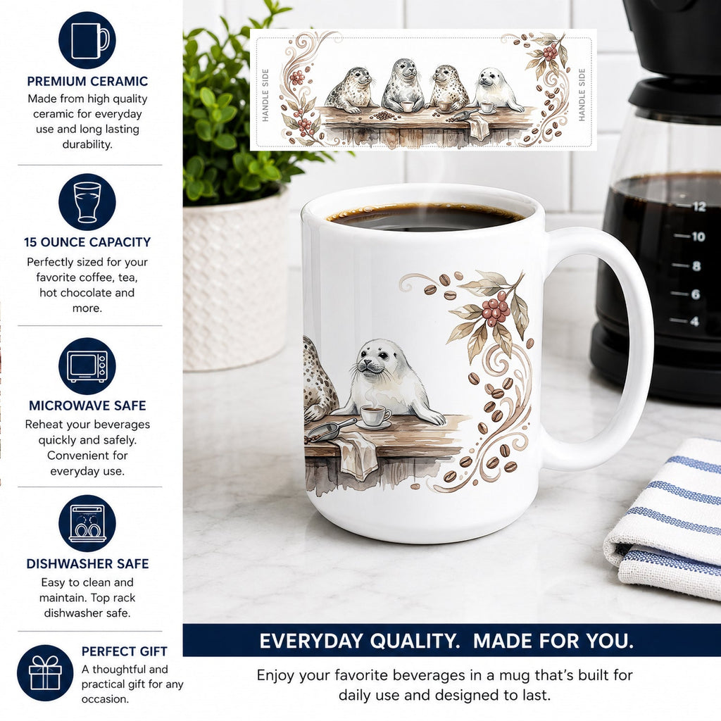 Seals Morning Coffee Ceramic Coffee Mug 15 oz Decorative Large C Handle Mug Cup for Tea, Cocoa Hot Chocolate
