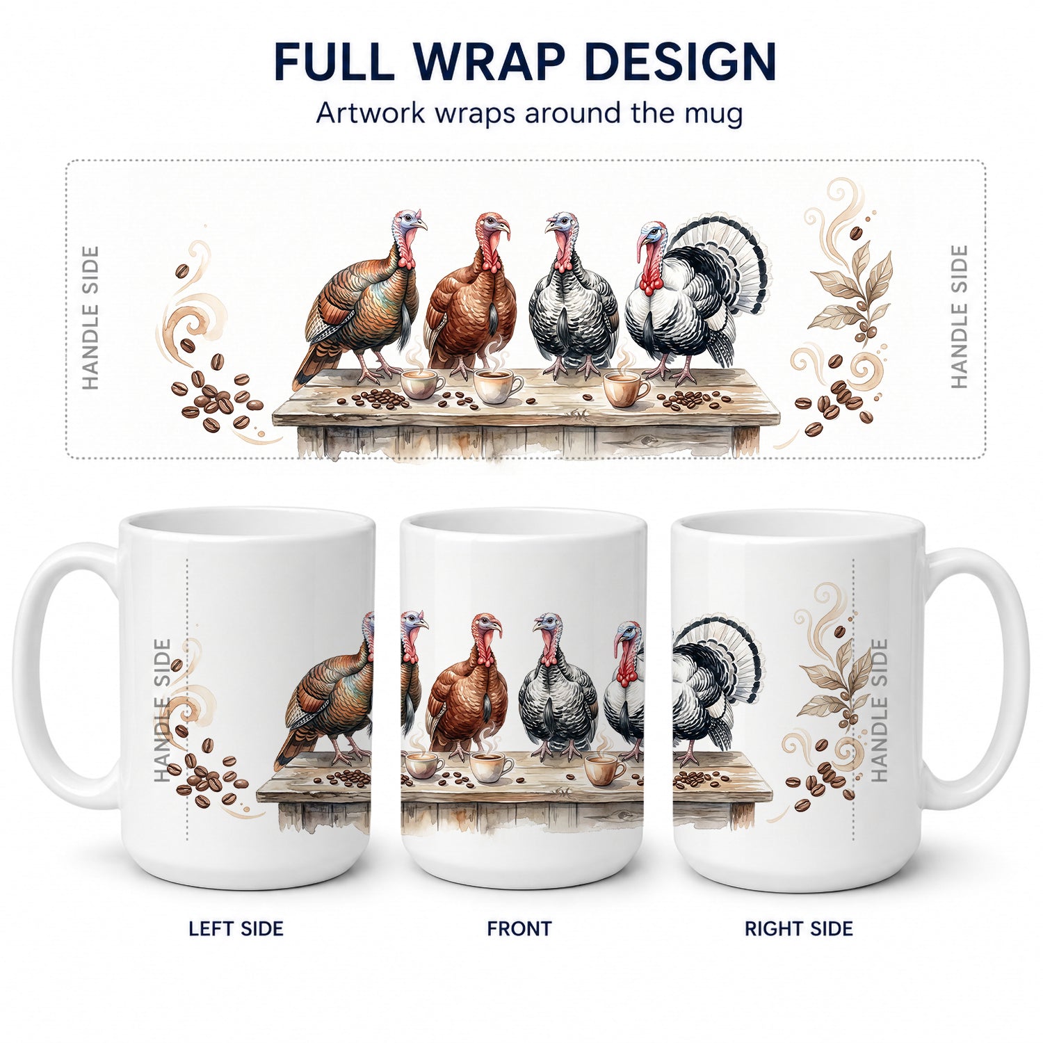 Turkeys Morning Coffee Ceramic Coffee Mug 15 oz Decorative Large C Handle Mug Cup for Tea, Cocoa Hot Chocolate