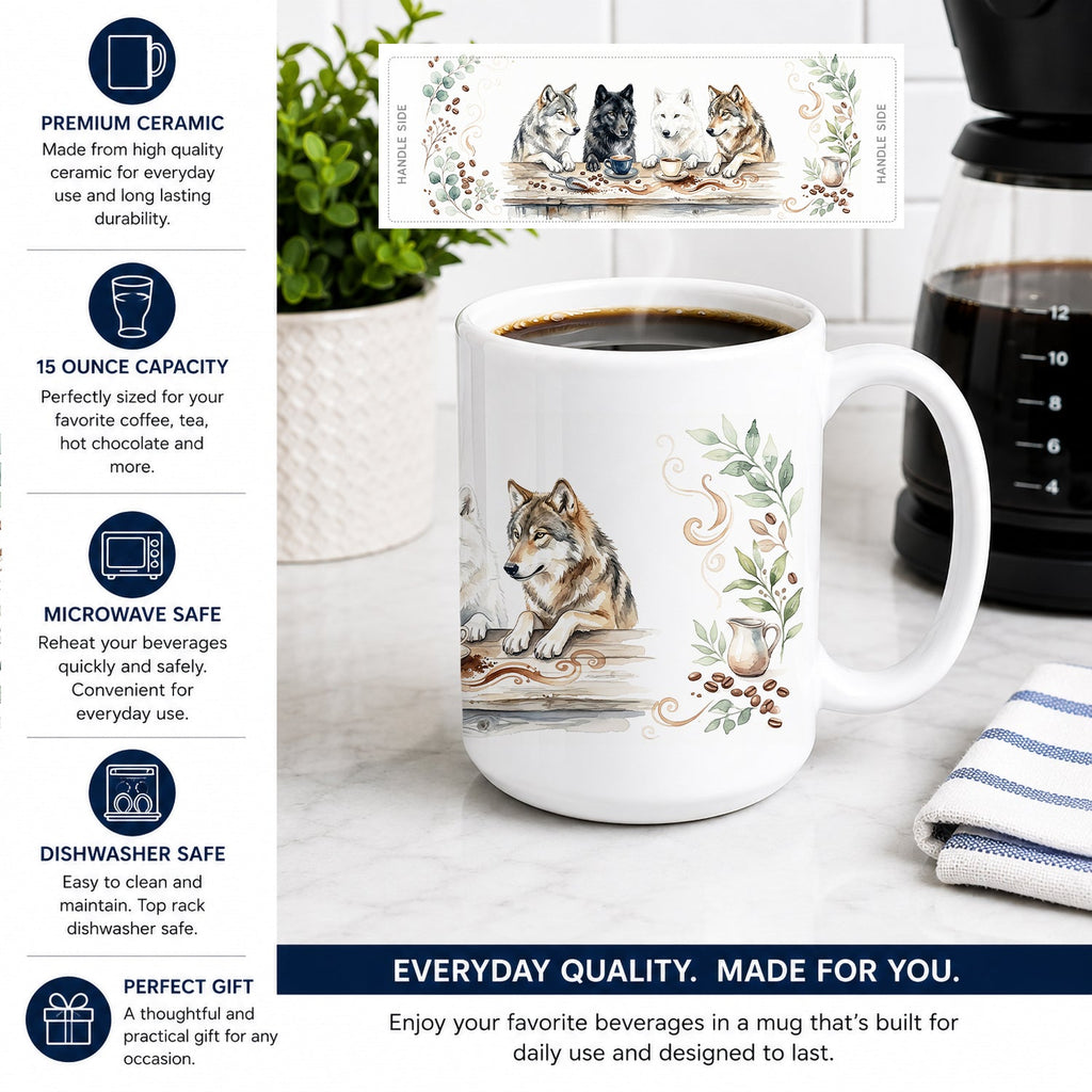 Wolves Morning Coffee Ceramic Coffee Mug 15 oz Decorative Large C Handle Mug Cup for Tea, Cocoa Hot Chocolate