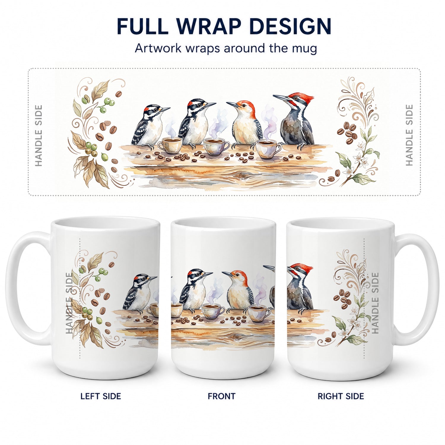 Woodpeckers Morning Coffee Ceramic Coffee Mug 15 oz Decorative Large C Handle Mug Cup for Tea, Cocoa Hot Chocolate