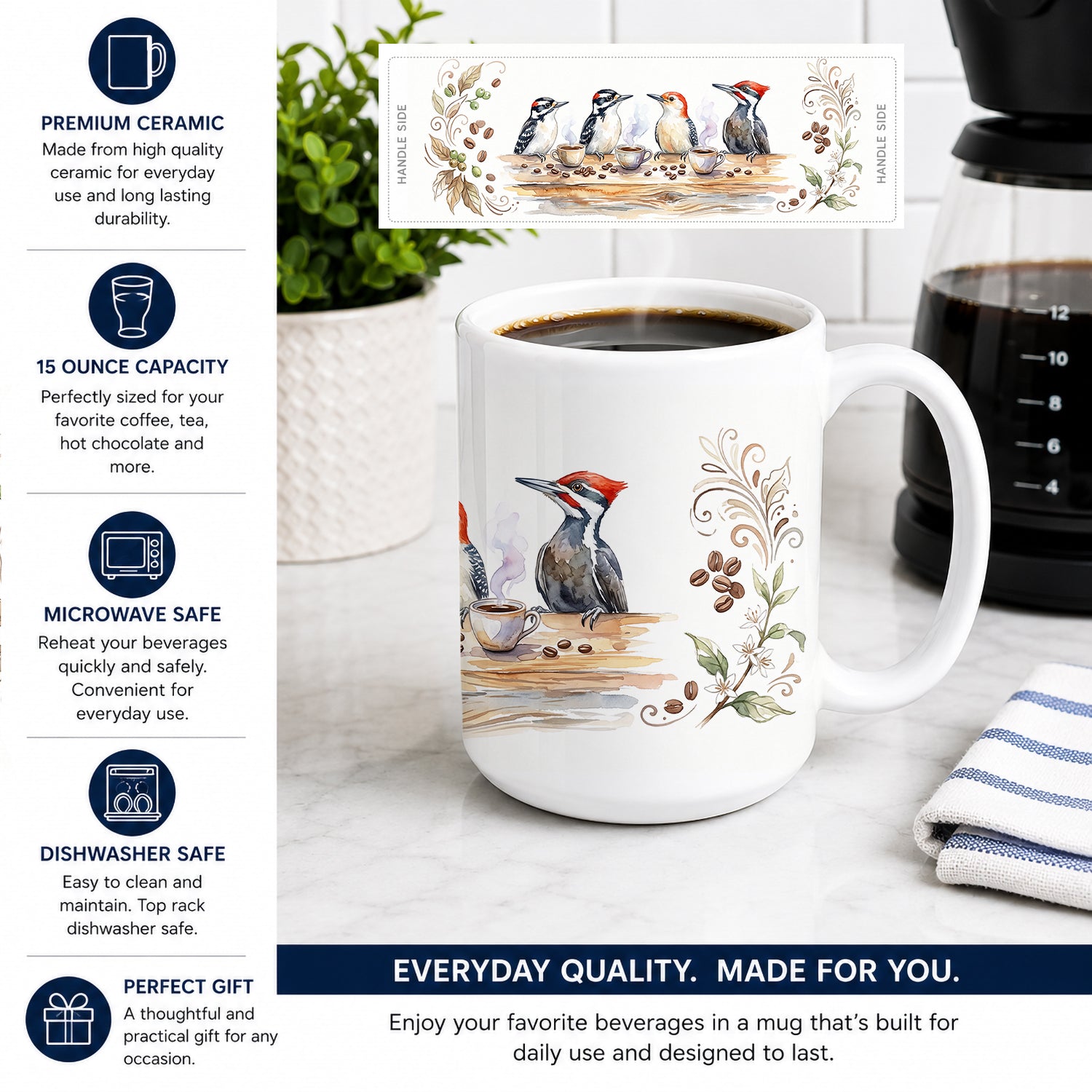 Woodpeckers Morning Coffee Ceramic Coffee Mug 15 oz Decorative Large C Handle Mug Cup for Tea, Cocoa Hot Chocolate