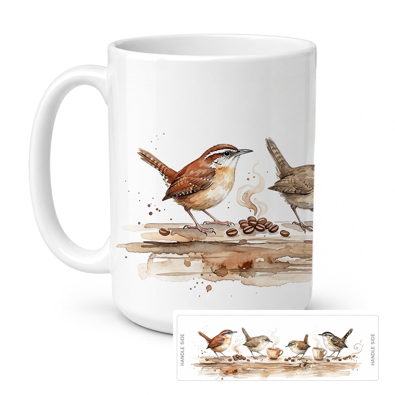 Wrens Morning Coffee Ceramic Coffee Mug 15 oz Decorative Large C Handle Mug Cup for Tea, Cocoa Hot Chocolate