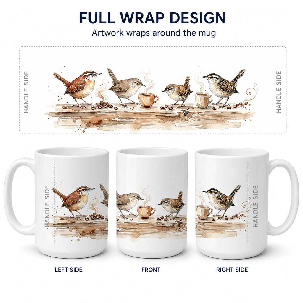 Wrens Morning Coffee Ceramic Coffee Mug 15 oz Decorative Large C Handle Mug Cup for Tea, Cocoa Hot Chocolate