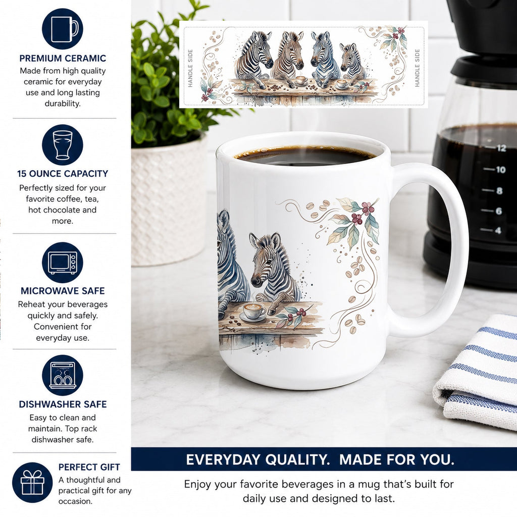 Zebras Morning Coffee Ceramic Coffee Mug 15 oz Decorative Large C Handle Mug Cup for Tea, Cocoa Hot Chocolate