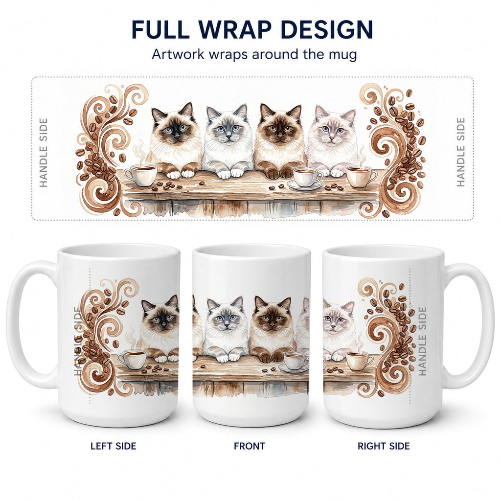 Birman Cats Morning Coffee Ceramic Coffee Mug 15 oz Decorative Large C Handle Mug Cup for Tea, Cocoa Hot Chocolate