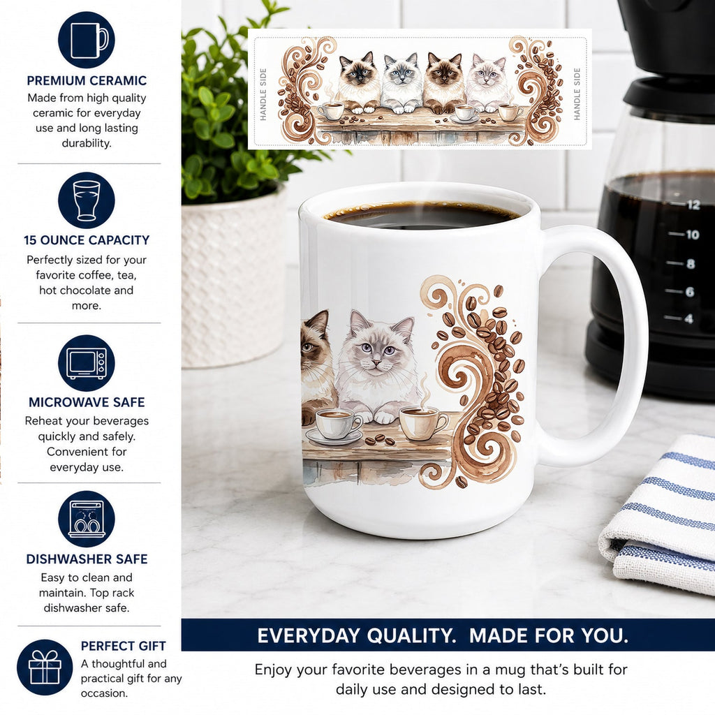 Birman Cats Morning Coffee Ceramic Coffee Mug 15 oz Decorative Large C Handle Mug Cup for Tea, Cocoa Hot Chocolate