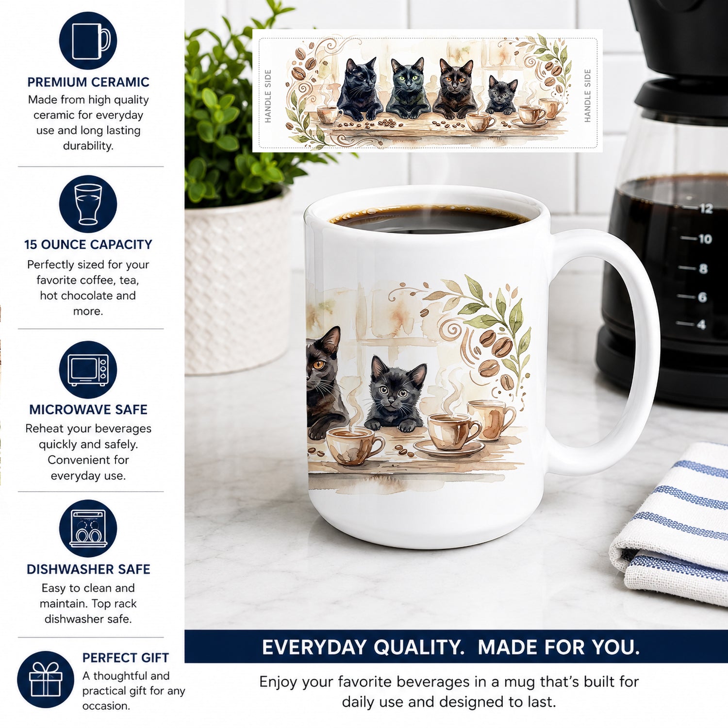 Bombay Cats Morning Coffee Ceramic Coffee Mug 15 oz Decorative Large C Handle Mug Cup for Tea, Cocoa Hot Chocolate