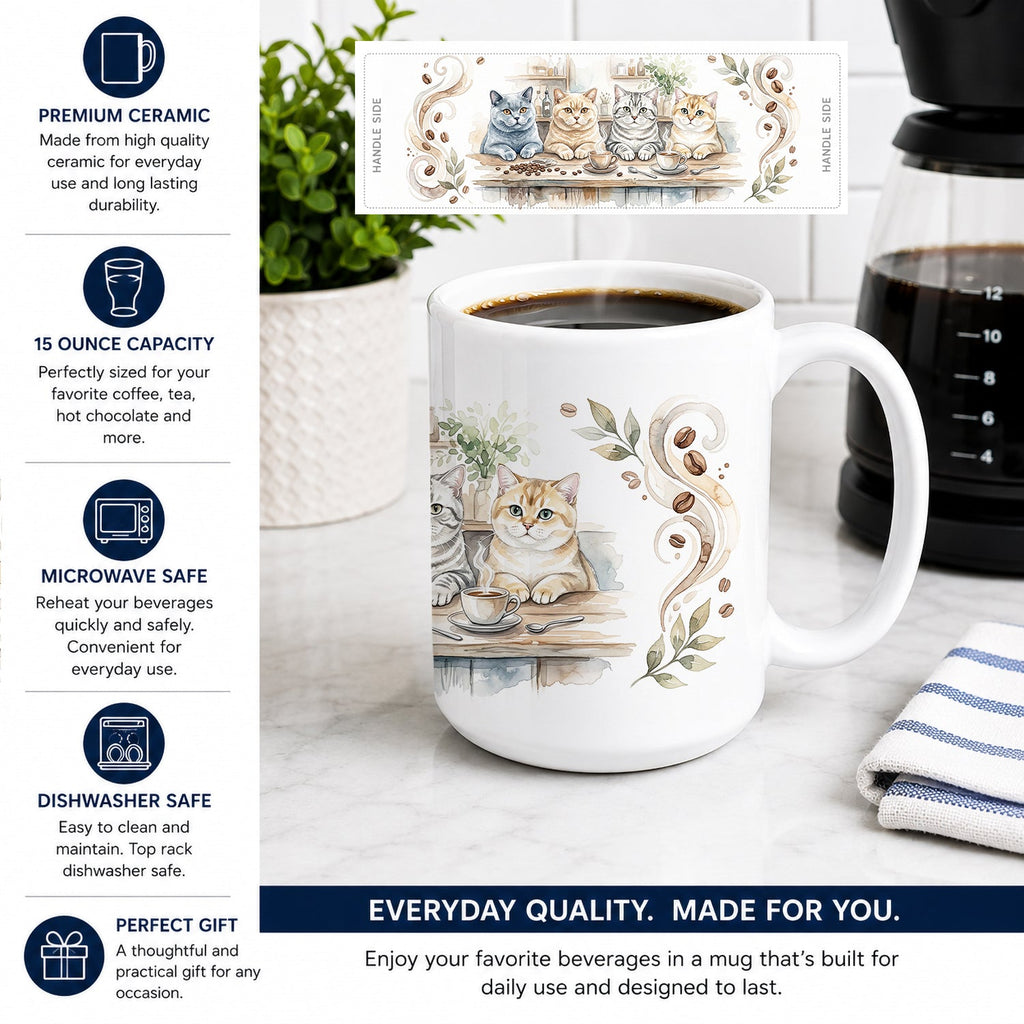 British Shorthair Cats Morning Coffee Ceramic Coffee Mug 15 oz Decorative Large C Handle Mug Cup for Tea, Cocoa Hot Chocolate