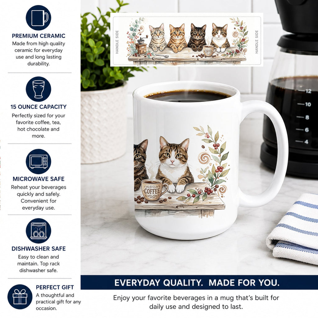 Brown Tabby Cats Morning Coffee Ceramic Coffee Mug 15 oz Decorative Large C Handle Mug Cup for Tea, Cocoa Hot Chocolate
