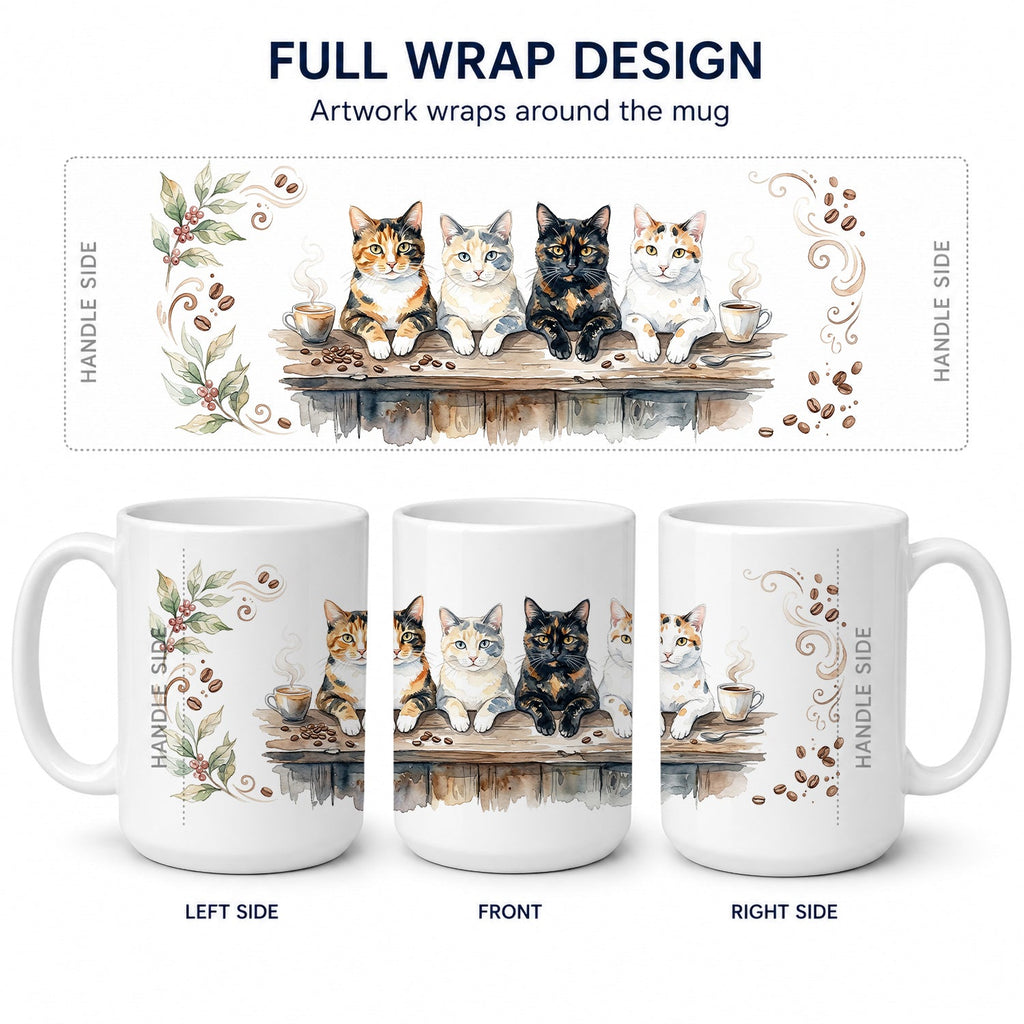 Calico Cats Morning Coffee Ceramic Coffee Mug 15 oz Decorative Large C Handle Mug Cup for Tea, Cocoa Hot Chocolate