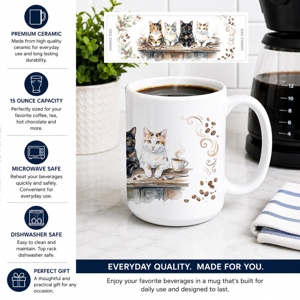 Calico Cats Morning Coffee Ceramic Coffee Mug 15 oz Decorative Large C Handle Mug Cup for Tea, Cocoa Hot Chocolate