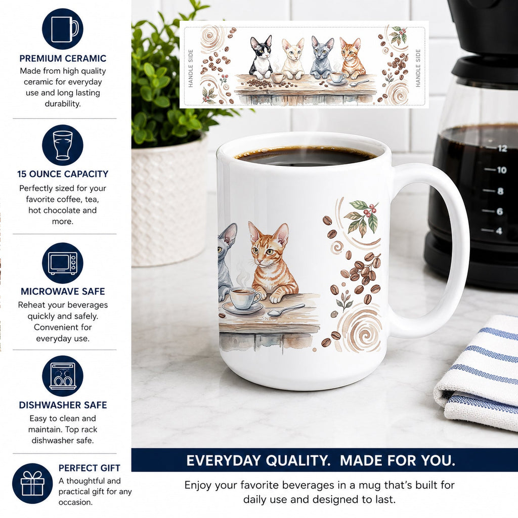 Cornish Rex Cats Morning Coffee Ceramic Coffee Mug 15 oz Decorative Large C Handle Mug Cup for Tea, Cocoa Hot Chocolate
