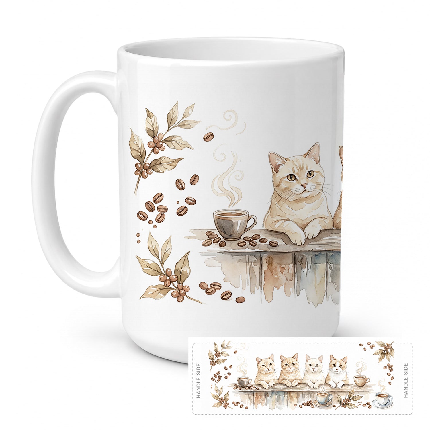Cream Cats Morning Coffee Ceramic Coffee Mug 15 oz Decorative Large C Handle Mug Cup for Tea, Cocoa Hot Chocolate