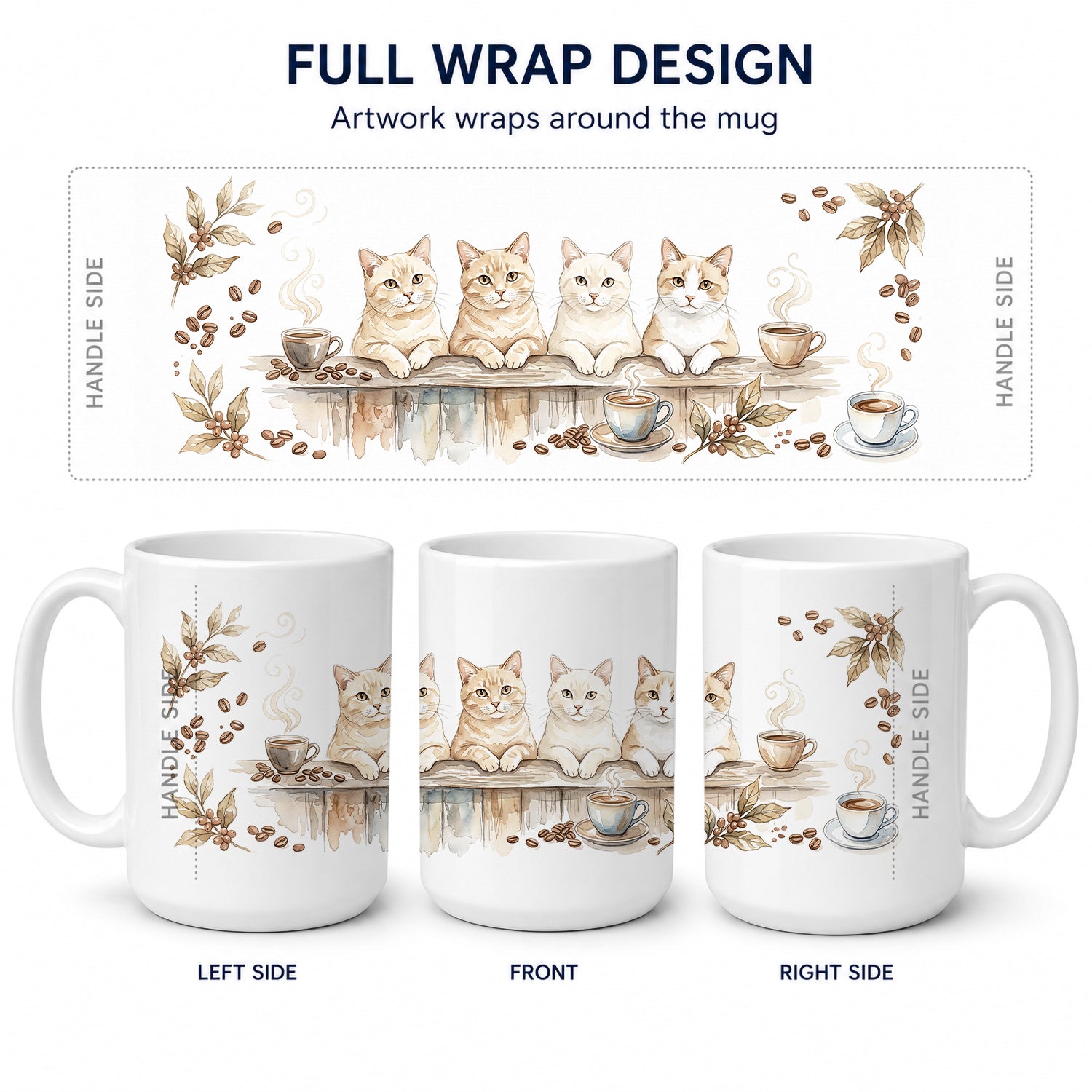 Cream Cats Morning Coffee Ceramic Coffee Mug 15 oz Decorative Large C Handle Mug Cup for Tea, Cocoa Hot Chocolate