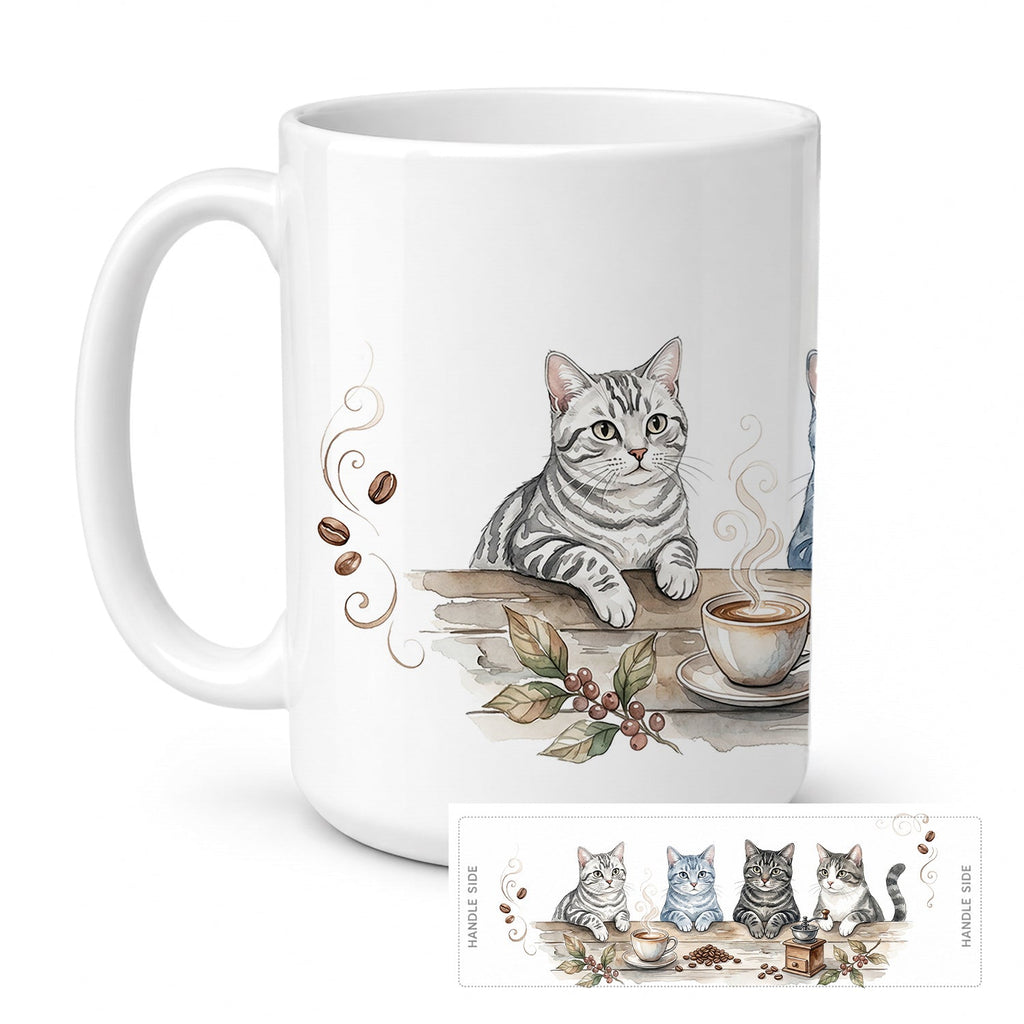 Gray Tabby Cats Morning Coffee Ceramic Coffee Mug 15 oz Decorative Large C Handle Mug Cup for Tea, Cocoa Hot Chocolate