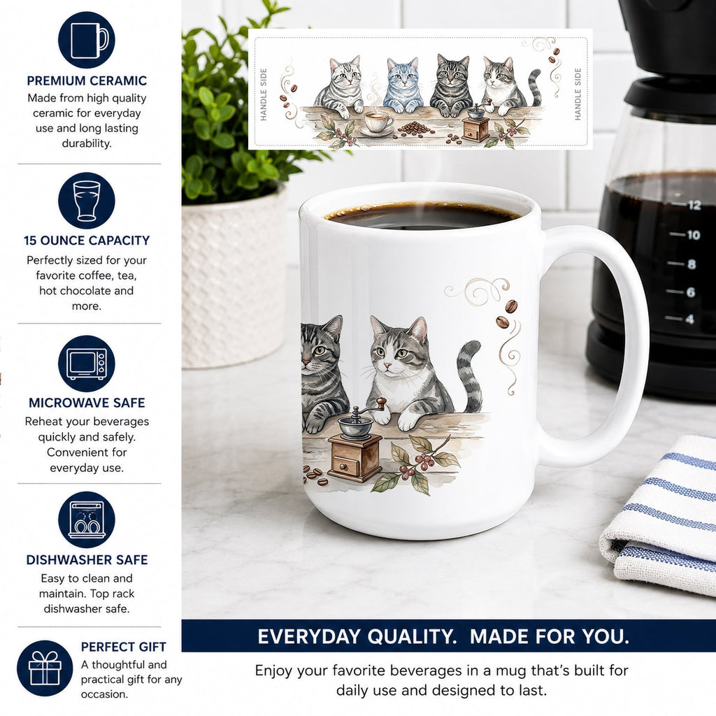 Gray Tabby Cats Morning Coffee Ceramic Coffee Mug 15 oz Decorative Large C Handle Mug Cup for Tea, Cocoa Hot Chocolate