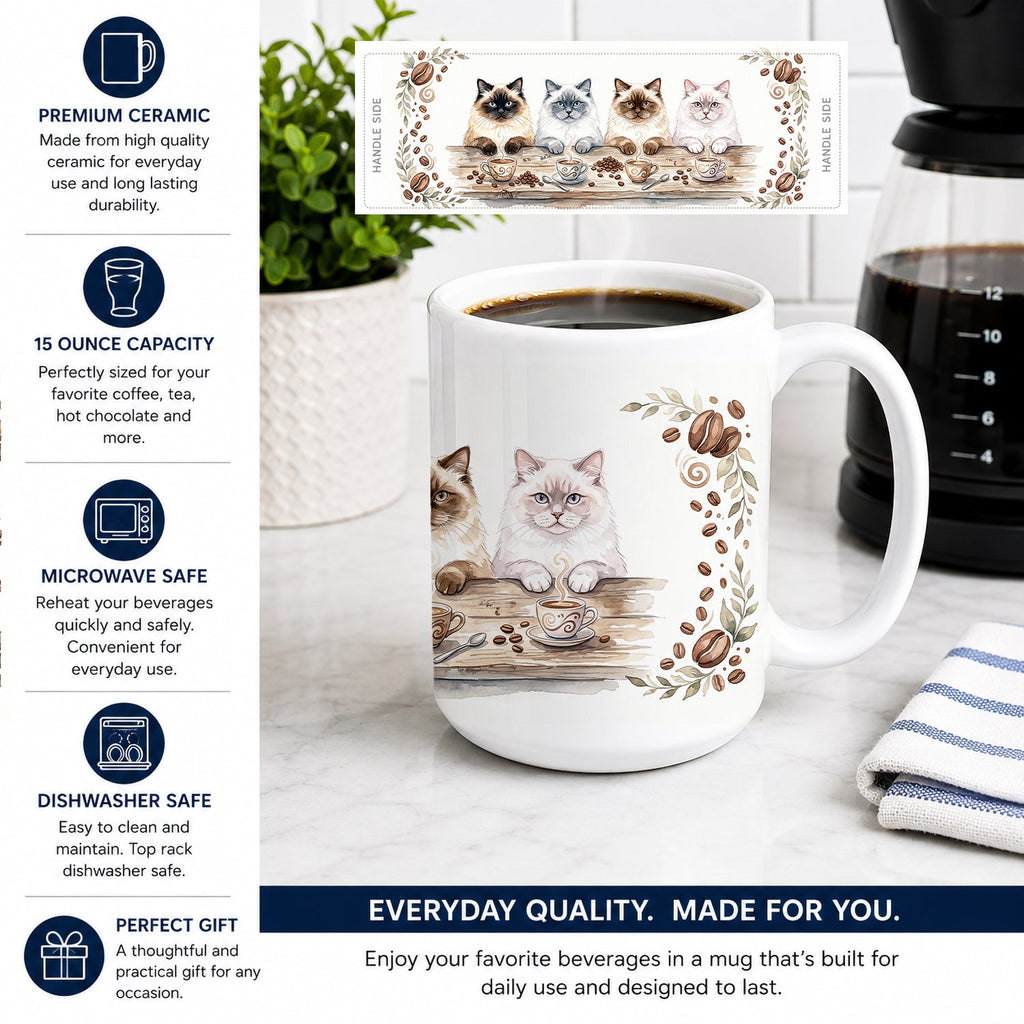 Himalayan Cats Morning Coffee Ceramic Coffee Mug 15 oz Decorative Large C Handle Mug Cup for Tea, Cocoa Hot Chocolate