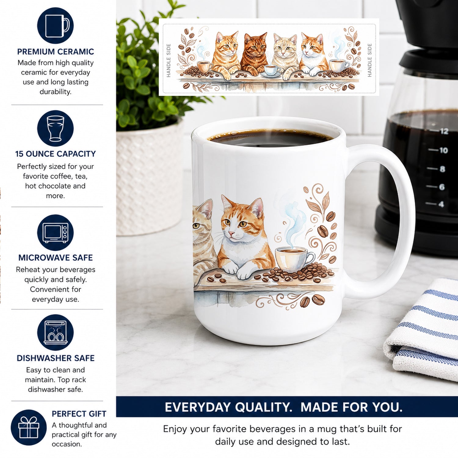 Orange Tabby Cats Morning Coffee Ceramic Coffee Mug 15 oz Decorative Large C Handle Mug Cup for Tea, Cocoa Hot Chocolate