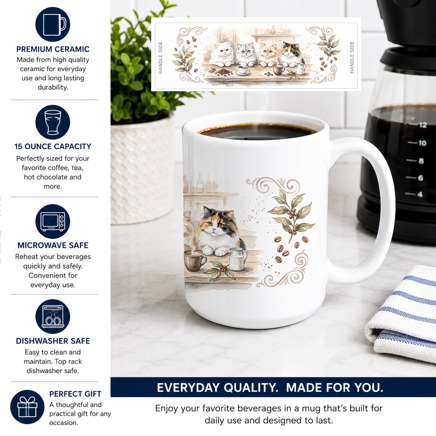 Persian Cats Morning Coffee Ceramic Coffee Mug 15 oz Decorative Large C Handle Mug Cup for Tea, Cocoa Hot Chocolate
