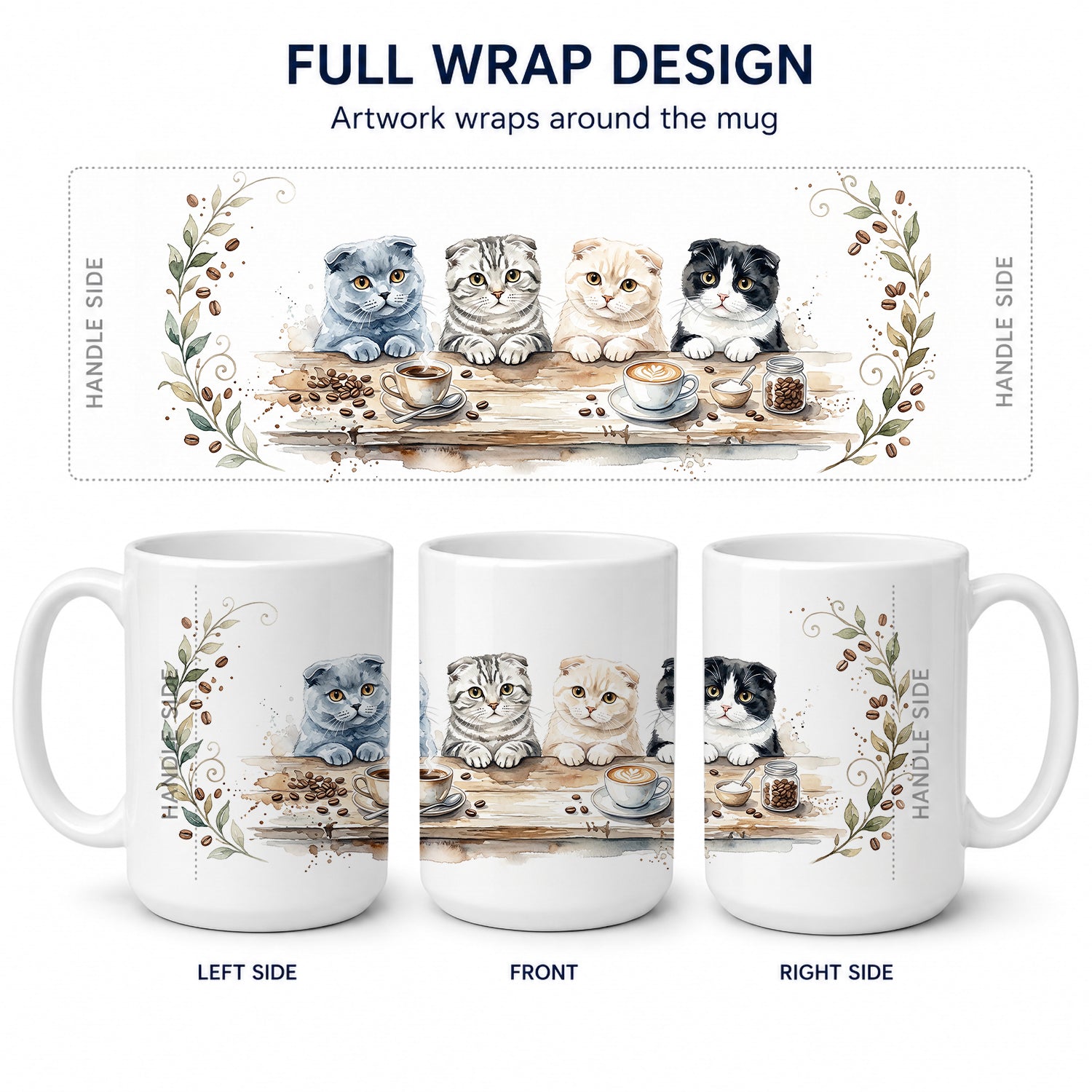 Scottish Fold Cats Morning Coffee Ceramic Coffee Mug 15 oz Decorative Large C Handle Mug Cup for Tea, Cocoa Hot Chocolate