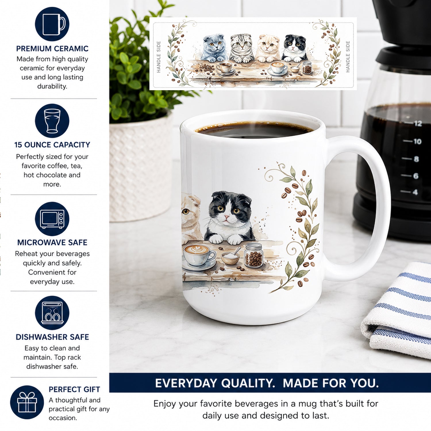 Scottish Fold Cats Morning Coffee Ceramic Coffee Mug 15 oz Decorative Large C Handle Mug Cup for Tea, Cocoa Hot Chocolate