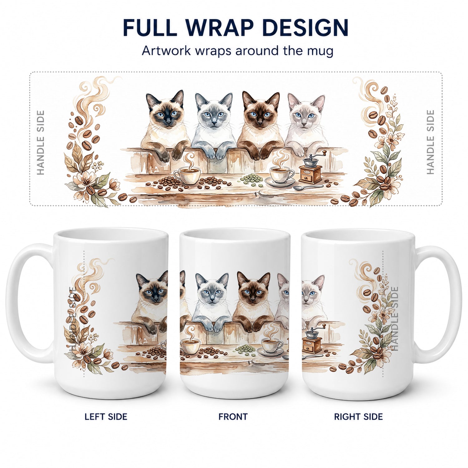 Siamese Cats Morning Coffee Ceramic Coffee Mug 15 oz Decorative Large C Handle Mug Cup for Tea, Cocoa Hot Chocolate