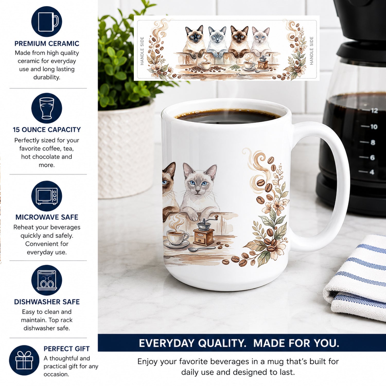 Siamese Cats Morning Coffee Ceramic Coffee Mug 15 oz Decorative Large C Handle Mug Cup for Tea, Cocoa Hot Chocolate