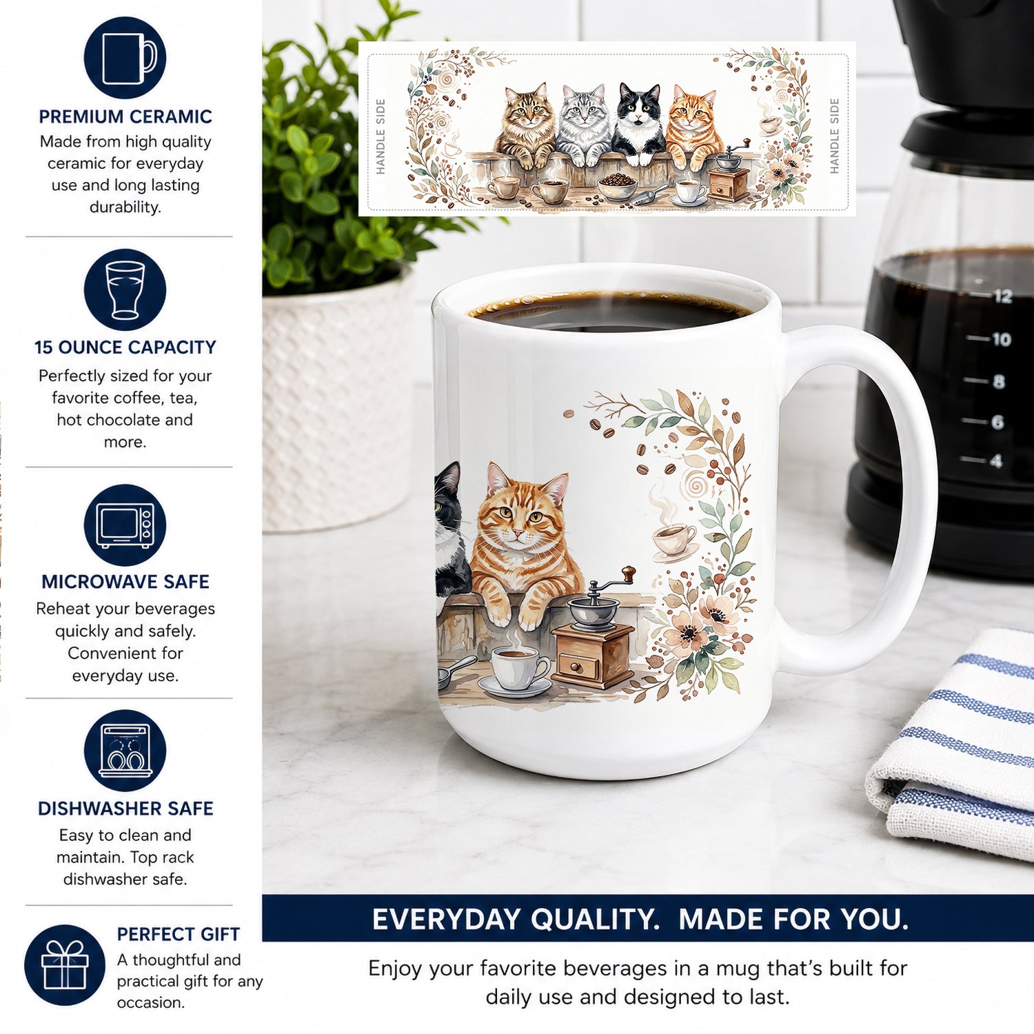 Siberian Cats Morning Coffee Ceramic Coffee Mug 15 oz Decorative Large C Handle Mug Cup for Tea, Cocoa Hot Chocolate
