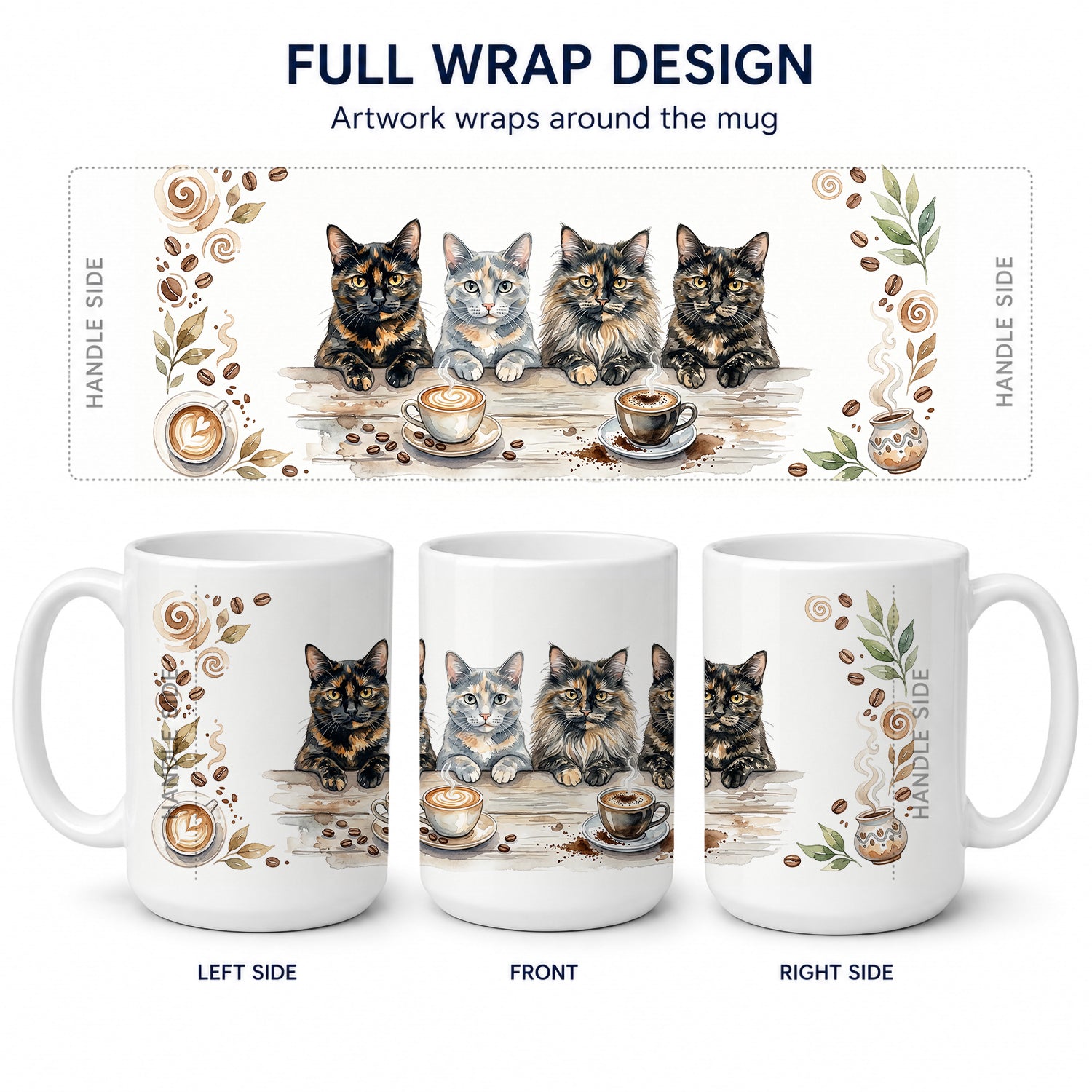 Tortoiseshell Cats Morning Coffee Ceramic Coffee Mug 15 oz Decorative Large C Handle Mug Cup for Tea, Cocoa Hot Chocolate
