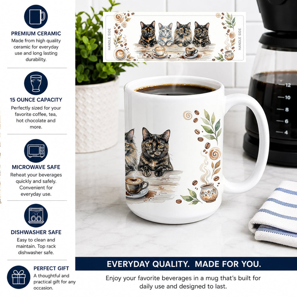 Tortoiseshell Cats Morning Coffee Ceramic Coffee Mug 15 oz Decorative Large C Handle Mug Cup for Tea, Cocoa Hot Chocolate