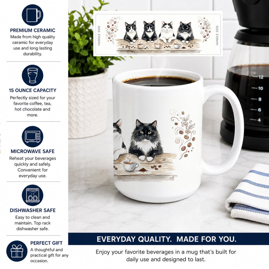 Tuxedo Cats Morning Coffee Ceramic Coffee Mug 15 oz Decorative Large C Handle Mug Cup for Tea, Cocoa Hot Chocolate