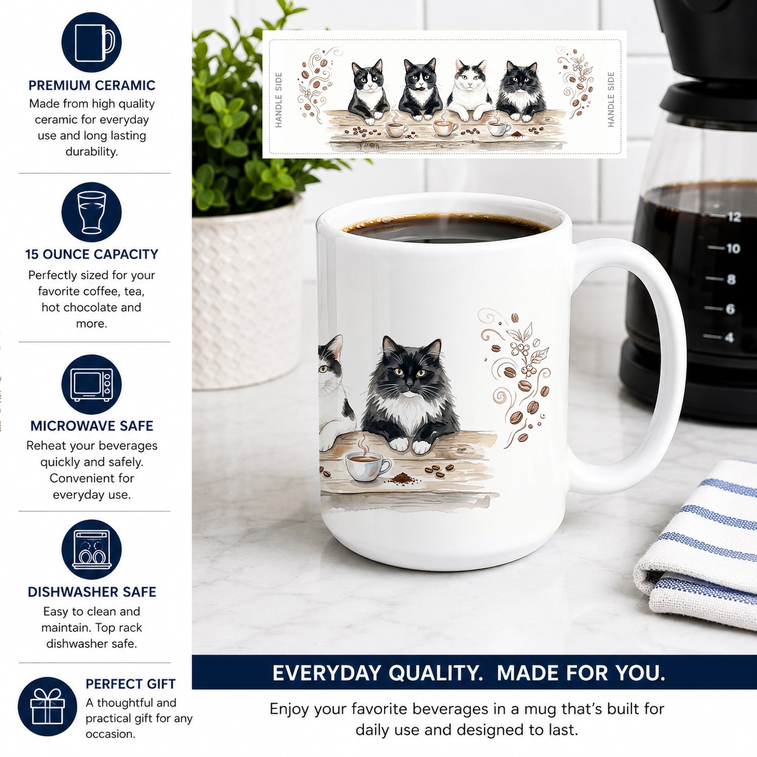 Tuxedo Cats Morning Coffee Ceramic Coffee Mug 15 oz Decorative Large C Handle Mug Cup for Tea, Cocoa Hot Chocolate