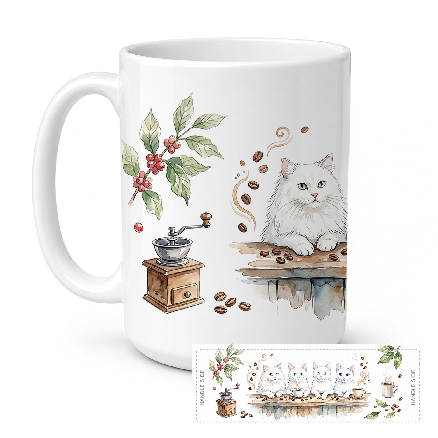 White Cats Morning Coffee Ceramic Coffee Mug 15 oz Decorative Large C Handle Mug Cup for Tea, Cocoa Hot Chocolate