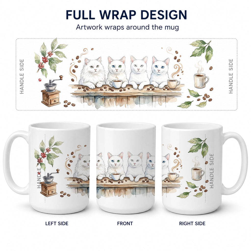White Cats Morning Coffee Ceramic Coffee Mug 15 oz Decorative Large C Handle Mug Cup for Tea, Cocoa Hot Chocolate