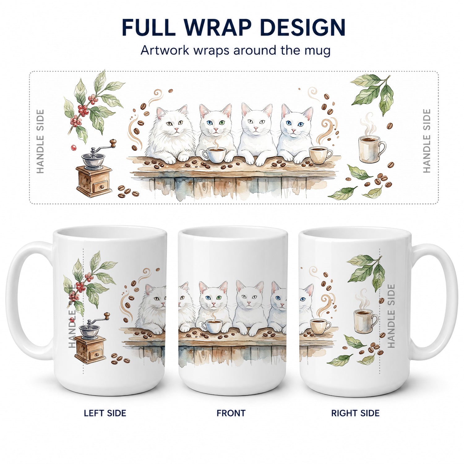 White Cats Morning Coffee Ceramic Coffee Mug 15 oz Decorative Large C Handle Mug Cup for Tea, Cocoa Hot Chocolate