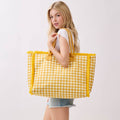 Gingham Check Terry Cloth Frayed Shoulder Tote Bag