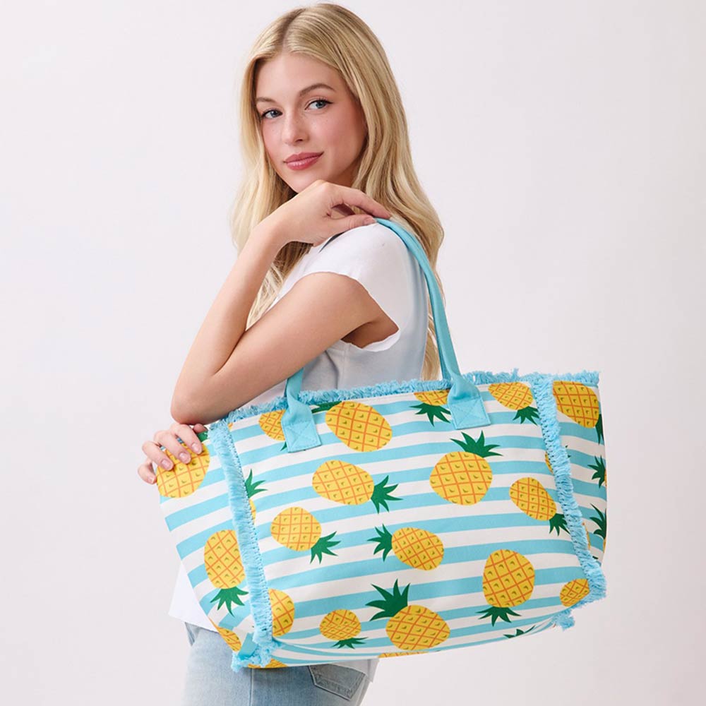 Pineapple Pattern Stripe Fringe Trim Shoulder Tote Bag