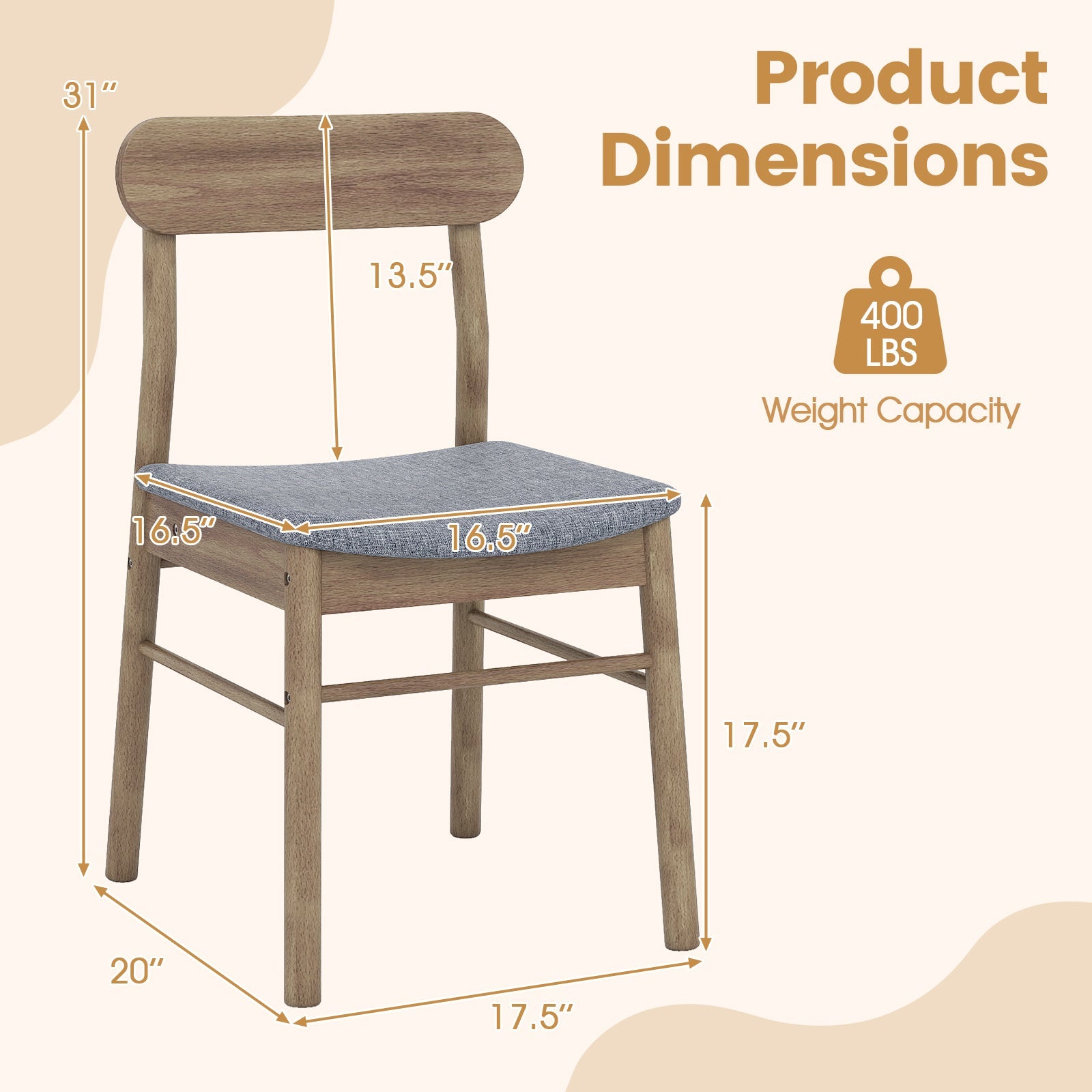 Fabric Upholstered Kitchen Armless Dining Chairs with Rubber Wood Frame Set of 2-Oak